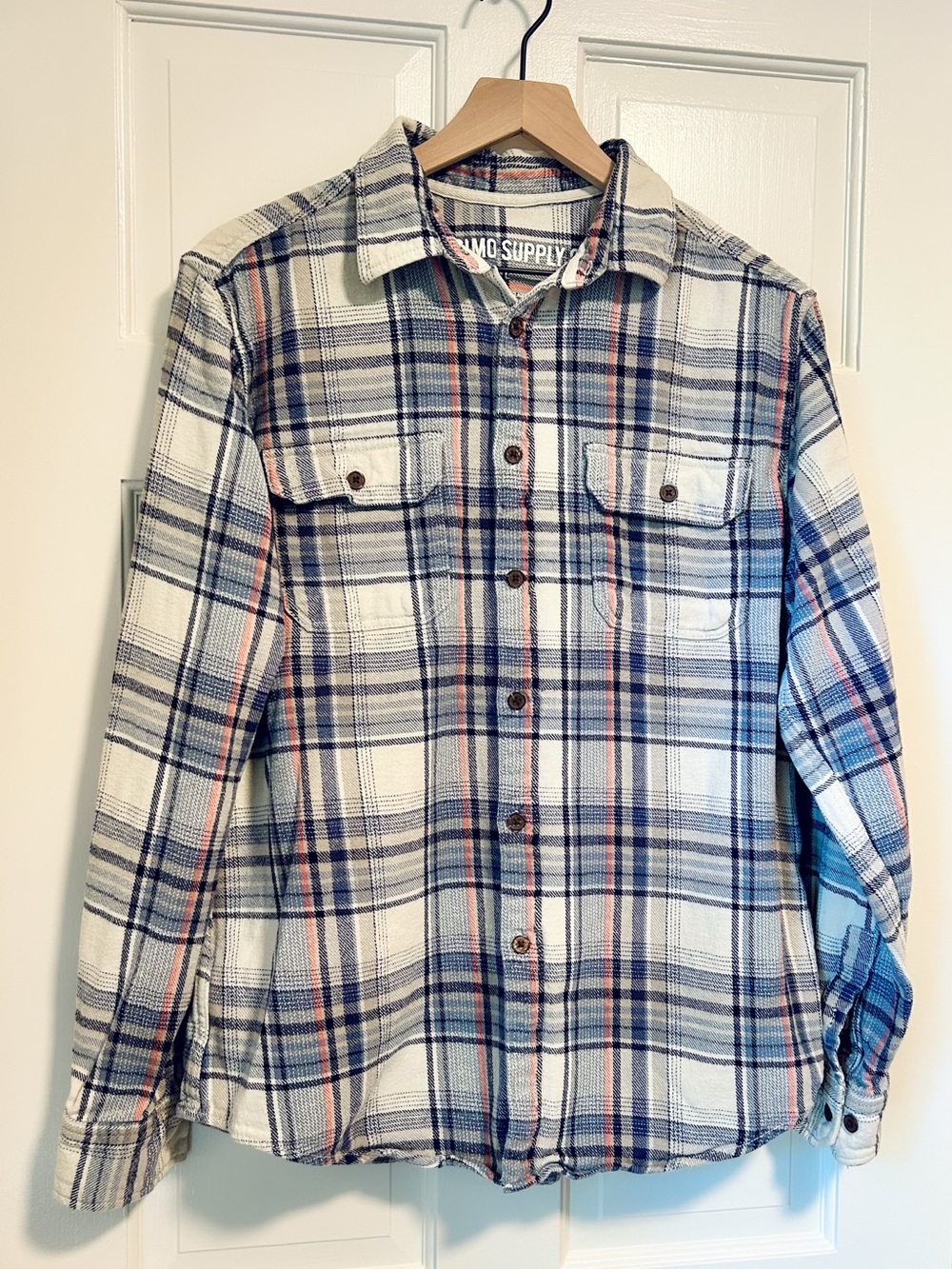 Men’s Mossimo Supply Co. Plaid Flannel - Cream Blue Coral - Size Large